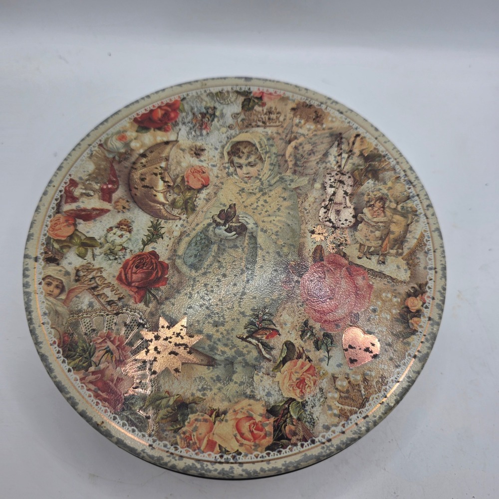 Vintage Victorian Style Collage Round Tin Keepsake Box Roses Girl Moon Violin